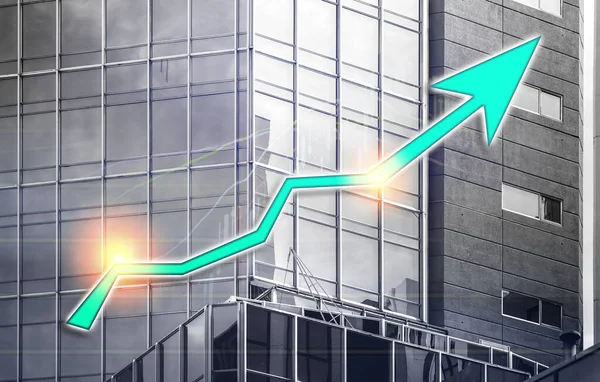 Index graph chart with buildings background double exposure. Financial research concept.