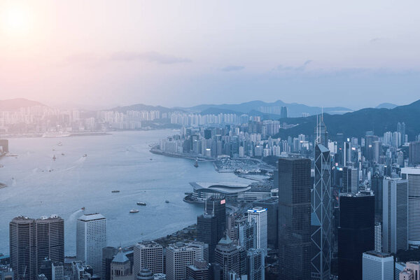 Hong Kong skyline at sunrise. View from Victoria peak