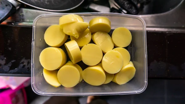 Close View Raw Soft Tofu Cut Circle Shape Plastic Container — Stock Photo, Image