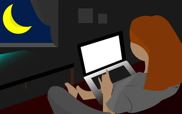 Illustration Girl Looking Her Laptop Her Lap Doing Work Dark — Stock Vector