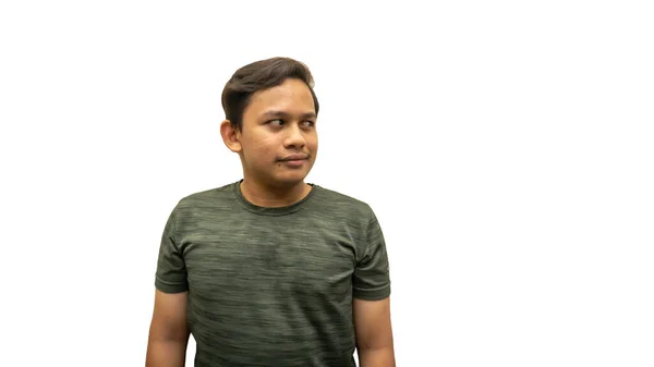 Leende Ansiktsuttryck Ung Asiatisk Malajisk Man Tittar Tomt Utrymme För — Stockfoto