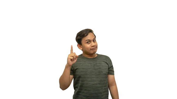 Wow Zaskoczony Wyraz Twarzy Młodego Azjatyckiego Malajczyka Ręką Wskazującą Pustą — Zdjęcie stockowe