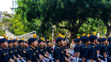 Putrajaya, Malezya - 31 Ağustos 2019: 62. Bağımsızlık Günü veya Putrajaya 'da Malezya' nın Merdeka Günü kutlamalarında yürüyüş birliklerinin yakın görüntüsü.