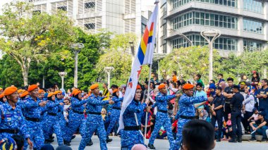 Putrajaya, Malezya - 31 Ağustos 2019: 62. Bağımsızlık Günü veya Putrajaya 'da Malezya' nın Merdeka Günü kutlamalarında yürüyüş birliklerinin yakın görüntüsü.