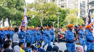 Putrajaya, Malezya - 31 Ağustos 2019: 62. Bağımsızlık Günü veya Putrajaya 'da Malezya' nın Merdeka Günü kutlamalarında yürüyüş birliklerinin yakın görüntüsü.