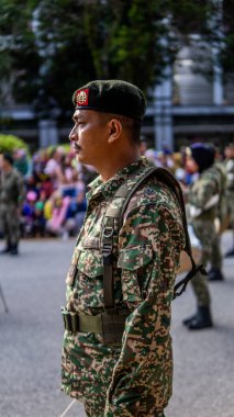 Putrajaya, Malezya - 31 Ağustos 2019: 62. Bağımsızlık Günü veya Putrajaya 'da Malezya' nın Merdeka Günü kutlamalarında yürüyüş birliklerinin yakın görüntüsü.