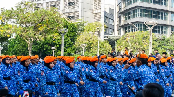 Putrajaya, Malezya - 31 Ağustos 2019: 62. Bağımsızlık Günü veya Putrajaya 'da Malezya' nın Merdeka Günü kutlamalarında yürüyüş birliklerinin yakın görüntüsü.