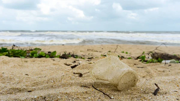 Ένα Άδειο Πλαστικό Κύπελλο Στην Αμμώδη Παραλία Στο Batu Burok — Φωτογραφία Αρχείου