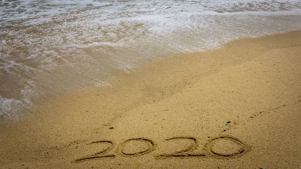 Happy New Year 2020 Lettering Beach Sea Wave Numbers 2020 — Stock Photo, Image
