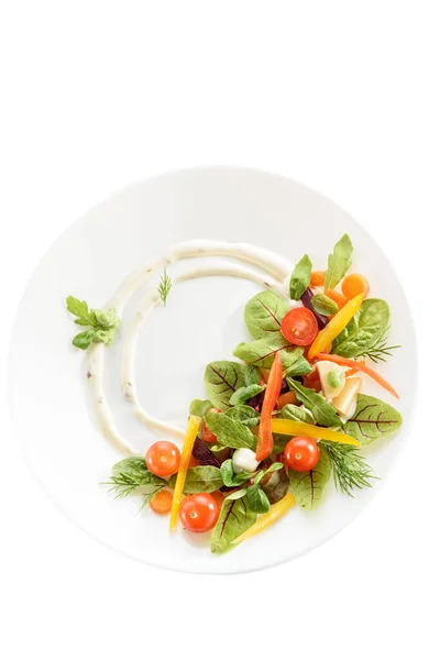 Салат из микро-зелени и овощей на белой тарелке — стоковое фото