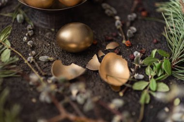 Altın paskalya yumurtaları koyu bir zemin üzerine serpilmiş ve kuru yeşil dalları vardır. Altın kasedeki yumurtalar.
