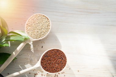 Tahta bir arka planda yeşil yapraklı tahta kaşıklarda kırmızı ve beyaz kinoa tohumları.