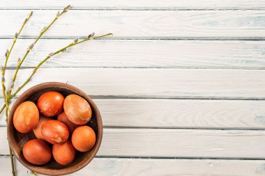 Beyaz arka planda bir fincanda paskalya kahverengi yumurtaları.