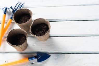 Beyaz ahşap arka planda mesaj için yer var. Bir konsept olarak bitki tohumları için bahçe araçları.