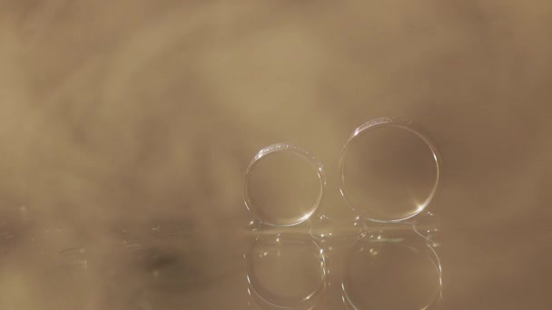 Anillos de boda en la superficie de agua oscura brillando con luz. Primer plano macro — Vídeos de Stock