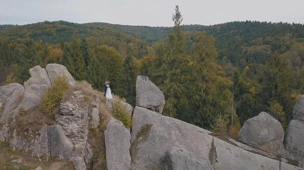 Novomanželé stojí na vysokém svahu hory. Ženich a nevěsta. Letecký pohled — Stock fotografie