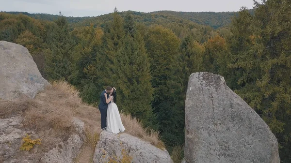 Newlyweds stand on a high slope of the mountain. Groom and bride. Aerial view — Stock Photo, Image