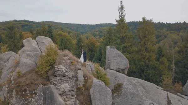 Οι νεόνυμφοι στέκονται σε μια ψηλή πλαγιά του βουνού. Γαμπρός και νύφη. Αεροφωτογραφία — Φωτογραφία Αρχείου