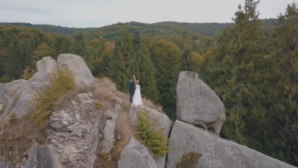 Молодята стоять на високому схилі гори. Наречений і наречена. Вид з повітря — стокове відео