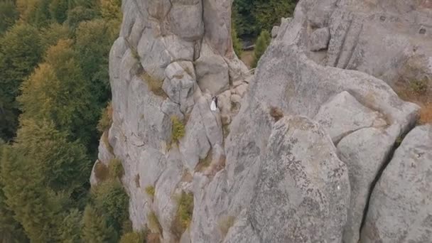 Nowożeńcy stoją na wysokim zboczu góry. Pan młody i panna młoda. Widok z lotu ptaka — Wideo stockowe