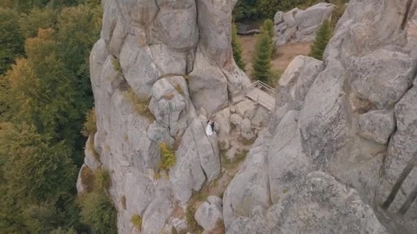 Novomanželé stojí na vysokém svahu hory. Ženich a nevěsta. Letecký pohled — Stock video