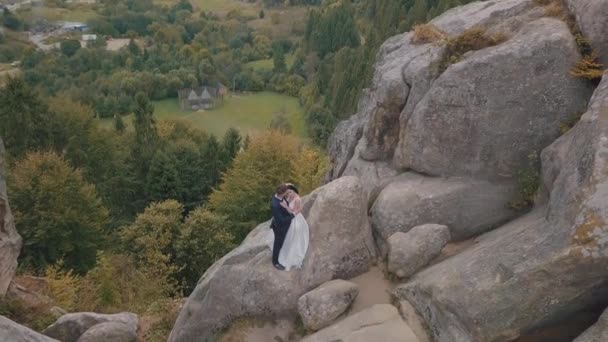 Pasgetrouwden staan op een hoge helling van de berg. Bruidegom en bruid. Luchtzicht — Stockvideo