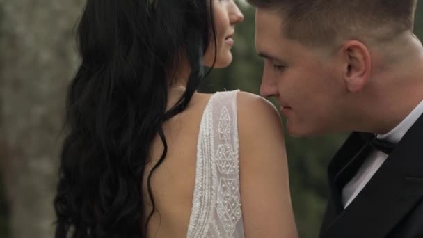 Vőlegény menyasszonnyal a hegyekben. Esküvői pár. Friss házasok — Stock videók