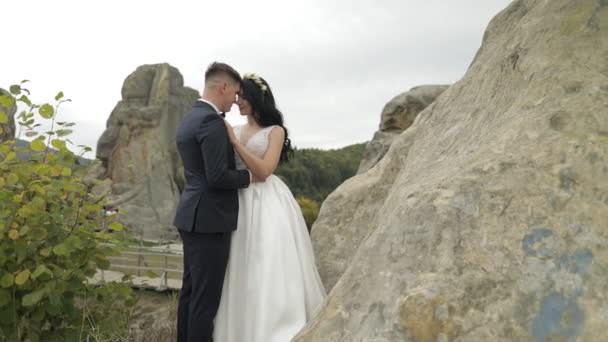 Brudgum med brud stående på bergen. Bröllopspar. Nygifta — Stockvideo