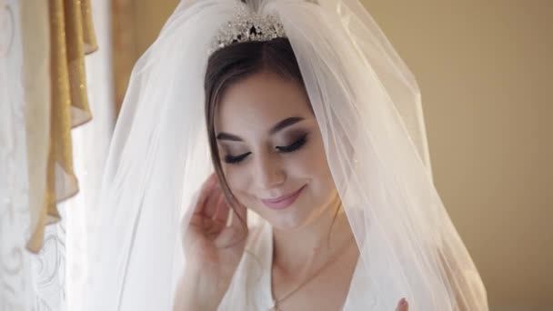 Hermosa y encantadora novia en vestido de noche y velo. Mañana de bodas. Movimiento lento — Vídeos de Stock