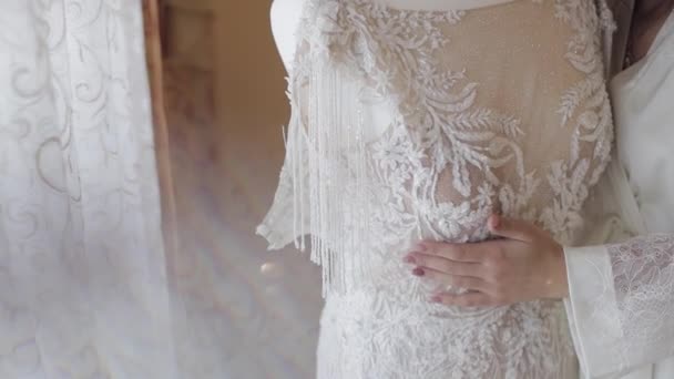 Hermosa y encantadora novia en vestido de noche y velo. Vestido de novia. Movimiento lento — Vídeos de Stock