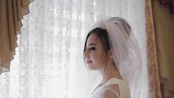 Hermosa y encantadora novia en vestido de noche y velo. Mañana de bodas. Movimiento lento — Vídeos de Stock