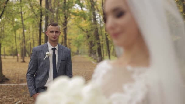 Noivo caucasiano com noiva no parque. Casamento. Família feliz. Recém-casados — Vídeo de Stock