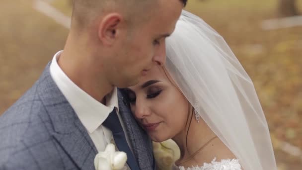 Novio caucásico con novia en el parque. Pareja de bodas. Familia feliz. Recién casados — Vídeos de Stock