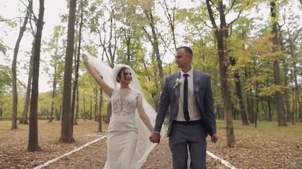 公園で花嫁と白人の新郎。結婚式のカップル幸せな家族だ新婚 夫婦 — ストック動画