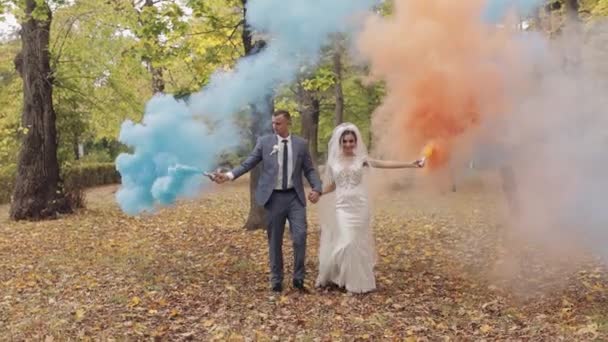 Caucasian groom with bride in the park. Wedding couple. Smoke bombs. Newlyweds — Stock Video