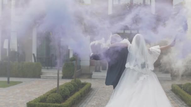 Marié caucasien avec mariée dans le parc. Un couple. Des bombes fumigènes. Jeunes mariés — Video