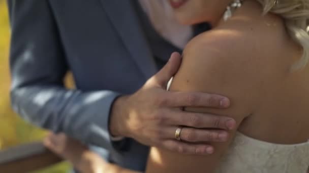 Matrimonio coppia in piedi insieme nel parco. Sposi novelli. Bello sposo e sposa — Video Stock