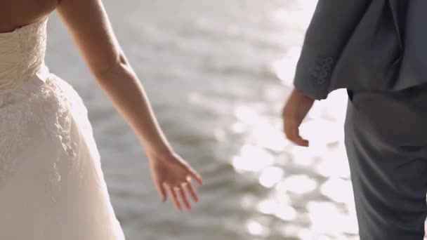 Novomanželé stojí u moře. Dávají si ruce. Ženich a nevěsta — Stock video