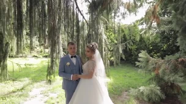 Friss házasok. Fehér vőlegény menyasszonnyal a parkban. Esküvői pár. Boldog család. — Stock videók