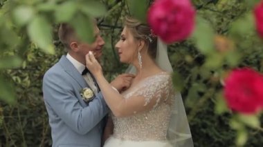 Yeni evliler. Parkta gelinle birlikte beyaz damat. Düğün çifti. Mutlu aile