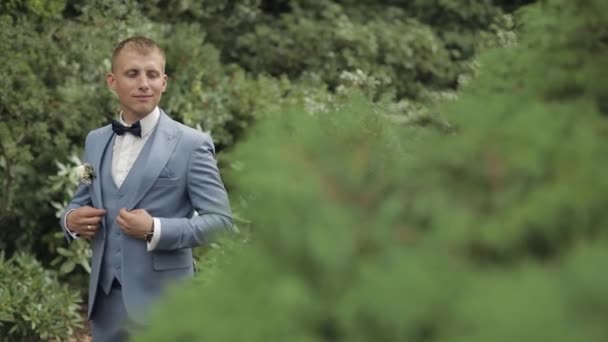 Groom, brunette young man in the park. Wedding day. Businessman — Stock Video