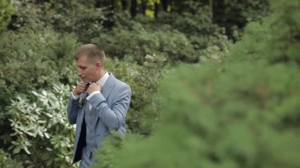 Groom, brunette young man in the park. Wedding day. Businessman — Stock Video