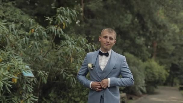 Groom, brunette young man in the park. Wedding day. Businessman — Stock Video