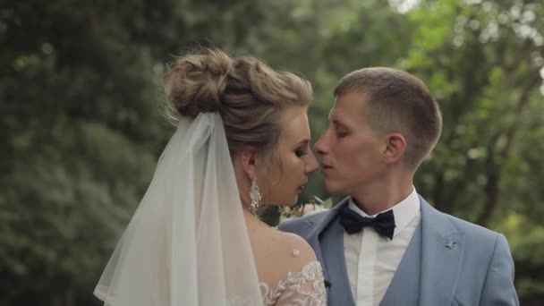 Sposi novelli. Sposo caucasico con sposa nel parco. Matrimonio. Famiglia felice — Video Stock