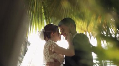 Yeni evliler. Parkta gelinle birlikte beyaz damat. Düğün çifti. Mutlu aile