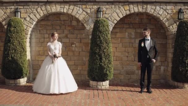 Les jeunes mariés. marié caucasien avec mariée dans le parc. Un couple. Famille heureuse — Video