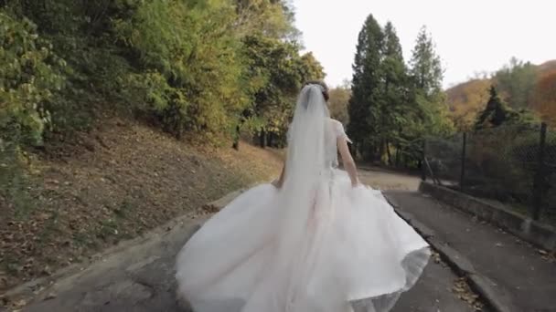 Мбаппе и милая невеста в свадебном платье бегут по парку. Медленное движение — стоковое видео