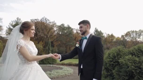 Recém-casados. Noivo caucasiano com noiva no parque. Casamento. Família feliz — Vídeo de Stock