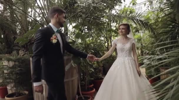 Sposi novelli. Sposo caucasico con sposa nel parco. Matrimonio. Famiglia felice — Video Stock