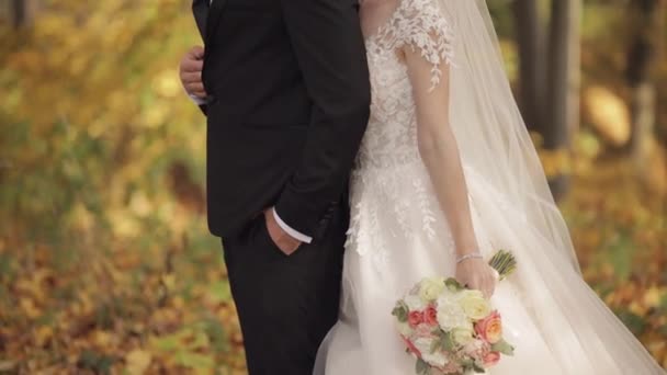 Sposi novelli. Sposo caucasico con sposa nel parco. Matrimonio. Famiglia felice — Video Stock
